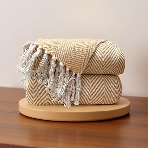 sajavat home hand-knitted pure cotton sofa throw  decorative throw for living room bedroom sofa amp chair  yellow zig-zag with tassels  80x52 inches  204x132 cm  pack of 2