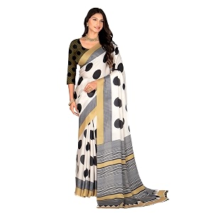 sajjan women39s white amp black polka dot satin georgette printed saree with unstitched blouse piece  retro chic striped border saree for office party amp evening