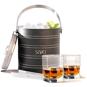 saki gunmetal stainless steel ice bucket with crystal whiskey glass  perfect for home parties gifting and modern home bars