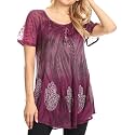 Sakkas Lily Casual Everyday Summer Short Sleeve Top Blouse with Block Print &amp; Lace
