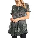 Sakkas Lily Casual Everyday Summer Short Sleeve Top Blouse with Block Print &amp; Lace