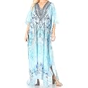 Sakkas Yeni Women's Short Sleeve V-Neck Summer Floral Long Caftan Dress Cover-up