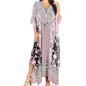 Sakkas Yeni Women's Short Sleeve V-Neck Summer Floral Long Caftan Dress Cover-up