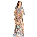 Sakkas Yeni Women's Short Sleeve V-Neck Summer Floral Long Caftan Dress Cover-up