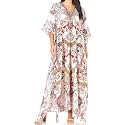 Sakkas Yeni Women's Short Sleeve V-Neck Summer Floral Long Caftan Dress Cover-up