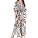 Sakkas Yeni Women's Short Sleeve V-Neck Summer Floral Long Caftan Dress Cover-up