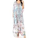 Sakkas Yeni Women's Short Sleeve V-Neck Summer Floral Long Caftan Dress Cover-up