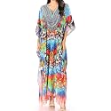 Sakkas Yeni Women's Short Sleeve V-Neck Summer Floral Long Caftan Dress Cover-up