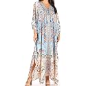 Sakkas Yeni Women's Short Sleeve V-Neck Summer Floral Long Caftan Dress Cover-up