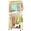 Sakugi Clothes Rack - 33.0" x 12.2" x 79.5" Clothing Rack with Shelves &amp; Wheels, Multi-Functional Wardrobe Closet with Hooks, Sturdy Metal Garment Rack for Bedroom, Laundry, Balcony (Gold)