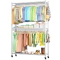 Sakugi Clothes Rack - 45.2" x 12.2" x 79.5" Clothing Rack with Shelves &amp; Wheels, Multi-Functional Wardrobe Closet with Hooks, Sturdy Metal Garment Rack for Bedroom, Laundry, Balcony (White)