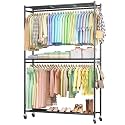Sakugi Clothes Rack - 45.2" x 12.2" x 79.5" Clothing Rack with Shelves &amp; Wheels, Multi-Functional Wardrobe Closet with Hooks, Sturdy Metal Garment Rack for Bedroom, Laundry, Balcony (Black)