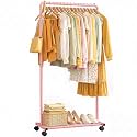 Sakugi Clothes Rack - Clothing Rack with Storage Mesh Shelf & Casters, Heavy-Duty Metal Clothing Rack for Hanging Clothes, Dresses, Coats, Large Load Capacity, Easy Assembly, Pink, 28.0"x16.9"x59.0"