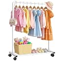 Sakugi Kids Clothes Rack - Clothing Rack with Storage Mesh Shelf &amp; Casters, Metal Clothing Rack for Hanging Clothes, Dresses, Coats, Large Load Capacity, Easy Assembly, White, 28"x16.9"x46"