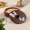 Sakura Acacia Wood Roti Box with Lid | Handcrafted Chapati &amp; Paratha Storage Box | Floral Design | Wooden Hot Box for Kitchen &amp; Dining | Natural Finish | 9.25 x 9.25 x 4 Inch