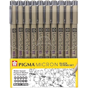 sakura pigma micron fineliner pens classic set of 10 nib sizes black