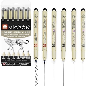 sakura pigma micron - pigment fineliner pens - 01030508graphicbrush - wallet of 6 - black ink