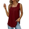 Saloogoe Summer Tank Tops for Women Loose Fit Pleated Square Neck Sleeveless Tops Curved Hem Flowy