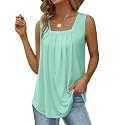 Saloogoe Summer Tank Tops for Women Loose Fit Pleated Square Neck Sleeveless Tops Curved Hem Flowy