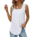 Saloogoe Summer Tank Tops for Women Loose Fit Pleated Square Neck Sleeveless Tops Curved Hem Flowy