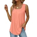 Saloogoe Summer Tank Tops for Women Loose Fit Pleated Square Neck Sleeveless Tops Curved Hem Flowy