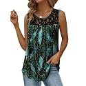 Saloogoe Summer Tank Tops for Women Loose Fit Pleated Tunics Scoop Neck Sleeveless Lace Tops Curved Hem Flowy
