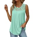 Saloogoe Summer Tank Tops for Women Loose Fit Pleated Tunics Scoop Neck Sleeveless Lace Tops Curved Hem Flowy