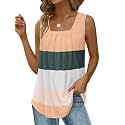 Saloogoe Summer Tank Tops for Women Loose Fit Pleated Square Neck Sleeveless Tops Curved Hem Flowy