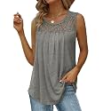 Saloogoe Summer Tank Tops for Women Loose Fit Pleated Tunics Scoop Neck Sleeveless Lace Tops Curved Hem Flowy