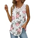 Saloogoe Summer Tank Tops for Women Loose Fit Pleated Tunics Scoop Neck Sleeveless Lace Tops Curved Hem Flowy