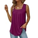 Saloogoe Summer Tank Tops for Women Loose Fit Pleated Square Neck Sleeveless Tops Curved Hem Flowy