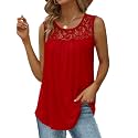 Saloogoe Summer Tank Tops for Women Loose Fit Pleated Tunics Scoop Neck Sleeveless Lace Tops Curved Hem Flowy