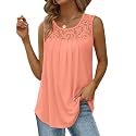 Saloogoe Summer Tank Tops for Women Loose Fit Pleated Tunics Scoop Neck Sleeveless Lace Tops Curved Hem Flowy