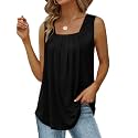 Saloogoe Summer Tank Tops for Women Loose Fit Pleated Square Neck Sleeveless Tops Curved Hem Flowy