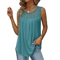 Saloogoe Summer Tank Tops for Women Loose Fit Pleated Tunics Scoop Neck Sleeveless Lace Tops Curved Hem Flowy
