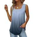 Saloogoe Summer Tank Tops for Women Loose Fit Pleated Square Neck Sleeveless Tops Curved Hem Flowy