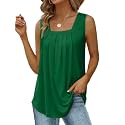 Saloogoe Summer Tank Tops for Women Loose Fit Pleated Square Neck Sleeveless Tops Curved Hem Flowy