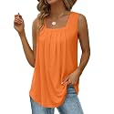 Saloogoe Summer Tank Tops for Women Loose Fit Pleated Square Neck Sleeveless Tops Curved Hem Flowy