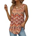 Saloogoe Summer Tank Tops for Women Loose Fit Pleated Square Neck Sleeveless Tops Curved Hem Flowy