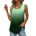Saloogoe Summer Tank Tops for Women Loose Fit Pleated Square Neck Sleeveless Tops Curved Hem Flowy