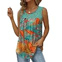 Saloogoe Summer Tank Tops for Women Loose Fit Pleated Tunics Scoop Neck Sleeveless Lace Tops Curved Hem Flowy