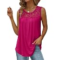 Saloogoe Summer Tank Tops for Women Loose Fit Pleated Tunics Scoop Neck Sleeveless Lace Tops Curved Hem Flowy