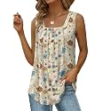 Saloogoe Summer Tank Tops for Women Loose Fit Pleated Square Neck Sleeveless Tops Curved Hem Flowy