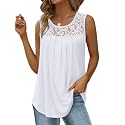 Saloogoe Summer Tank Tops for Women Loose Fit Pleated Tunics Scoop Neck Sleeveless Lace Tops Curved Hem Flowy