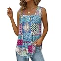 Saloogoe Summer Tank Tops for Women Loose Fit Pleated Square Neck Sleeveless Tops Curved Hem Flowy