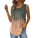 Saloogoe Summer Tank Tops for Women Loose Fit Pleated Tunics Scoop Neck Sleeveless Lace Tops Curved Hem Flowy