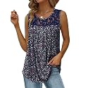 Saloogoe Summer Tank Tops for Women Loose Fit Pleated Tunics Scoop Neck Sleeveless Lace Tops Curved Hem Flowy