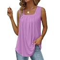 Saloogoe Summer Tank Tops for Women Loose Fit Pleated Square Neck Sleeveless Tops Curved Hem Flowy