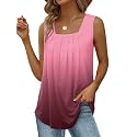 Saloogoe Summer Tank Tops for Women Loose Fit Pleated Square Neck Sleeveless Tops Curved Hem Flowy