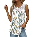 Saloogoe Summer Tank Tops for Women Loose Fit Pleated Tunics Scoop Neck Sleeveless Lace Tops Curved Hem Flowy